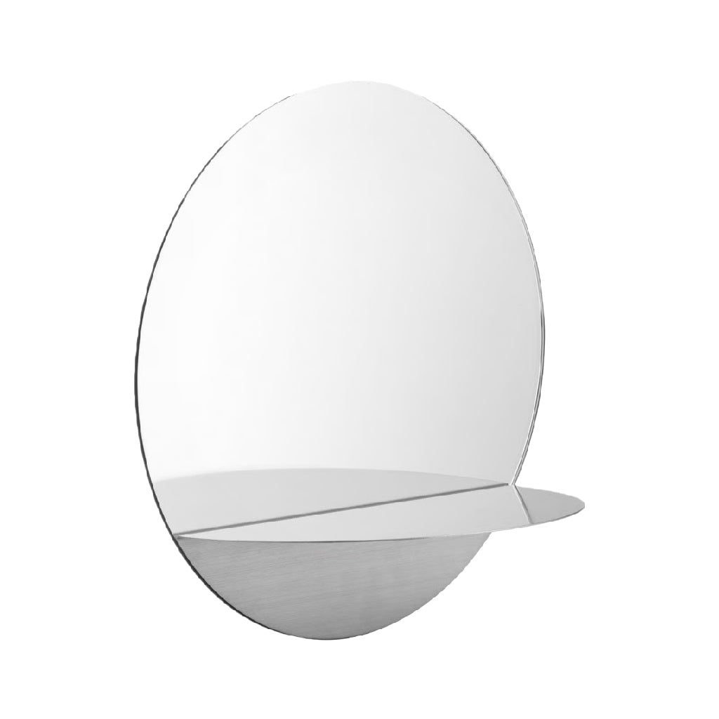 Espejo de pared circular moderno con repisa metálica integrada