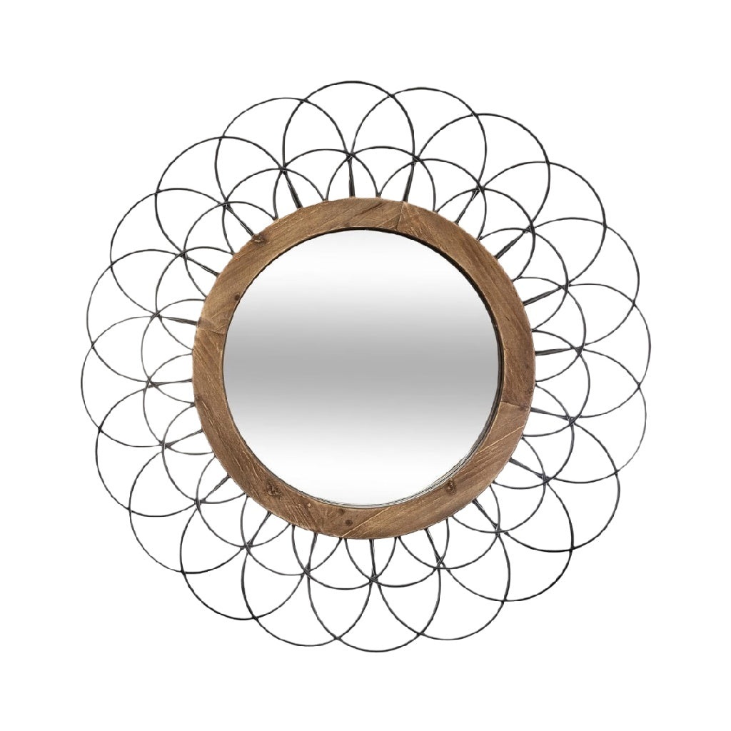 Round Wall Mirror with Wooden Frame and Metal Wire Design
