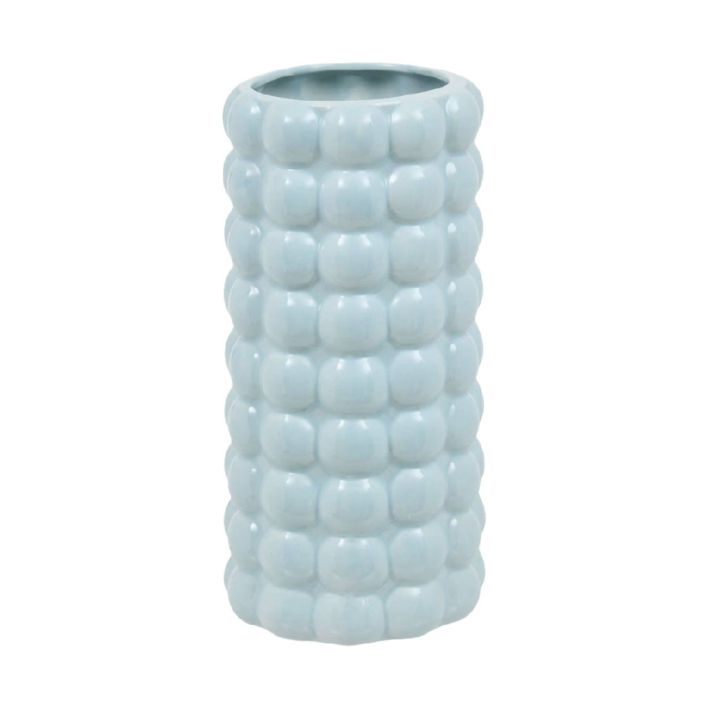 Light Blue Bubble Ceramic Vase, Tall Cylindrical Shape