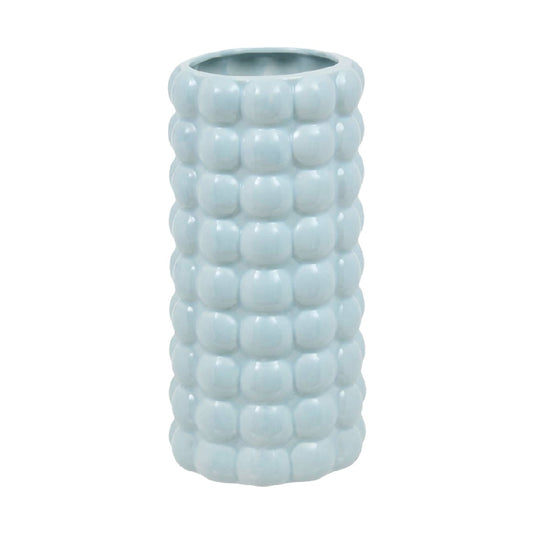Light Blue Bubble Ceramic Vase, Tall Cylindrical Shape