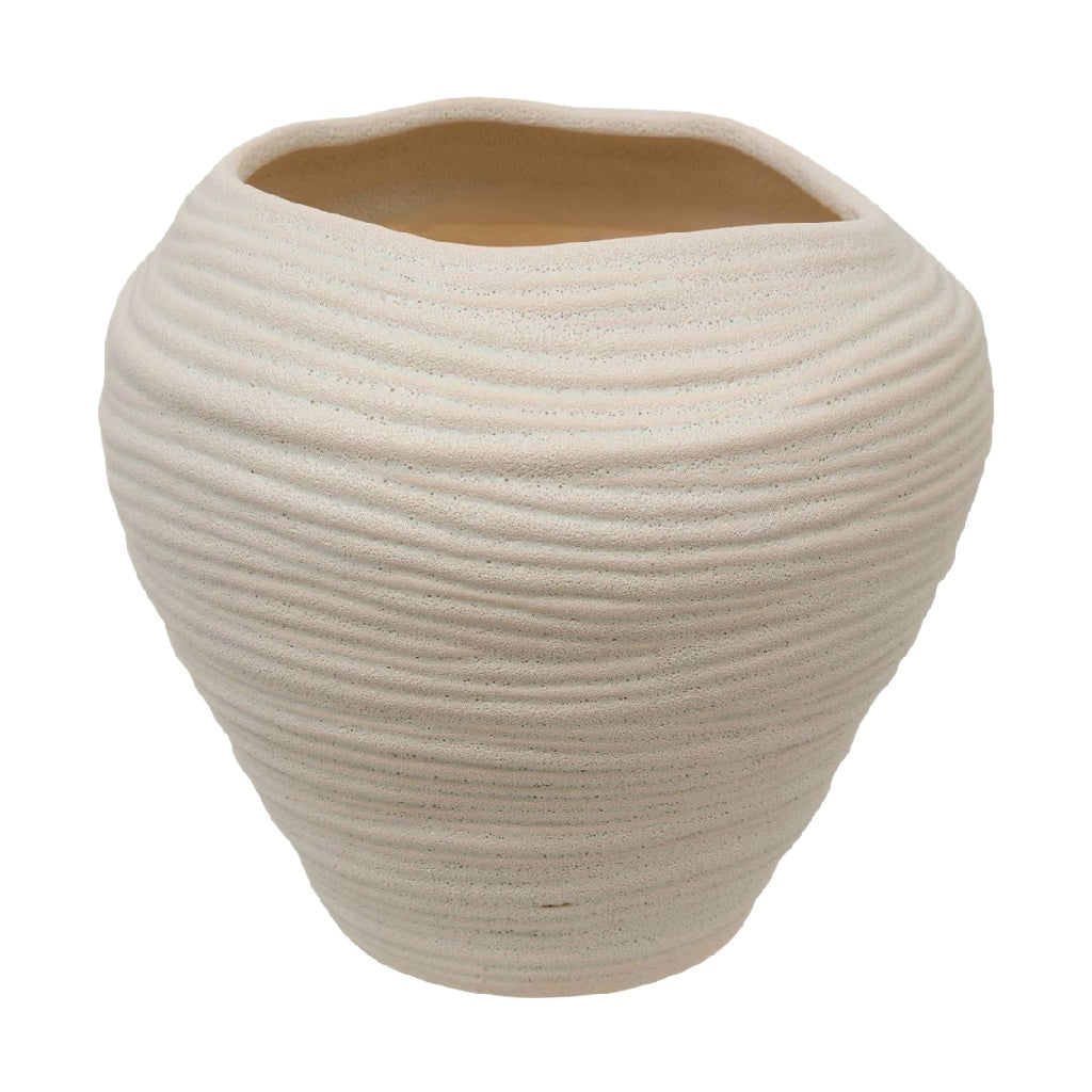 Beige Textured Ceramic Vase, Rounded Wide Shape