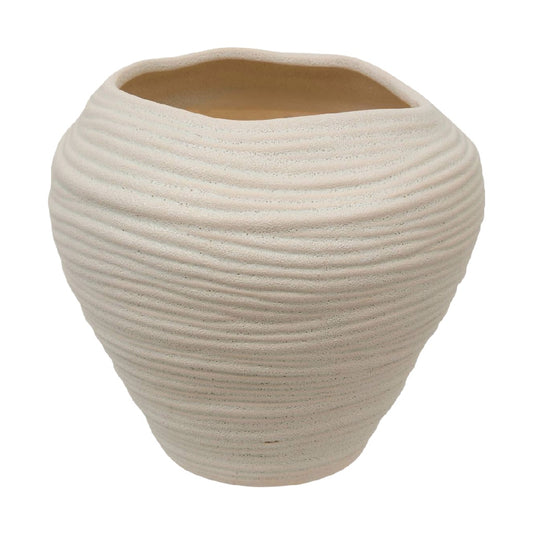 Beige Textured Ceramic Vase, Rounded Wide Shape