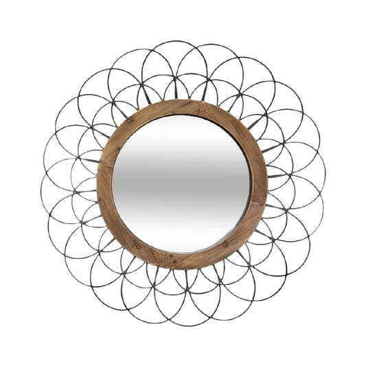 Round Wall Mirror with Wooden Frame and Metal Wire Design